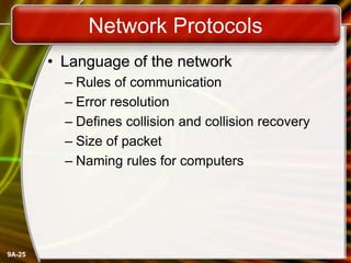 9A-25
Network Protocols
• Language of the network
– Rules of communication
– Error resolution
– Defines collision and collision recovery
– Size of packet
– Naming rules for computers
 