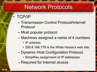 9A-26
Network Protocols
• TCP/IP
– Transmission Control Protocol/Internet
Protocol
– Most popular protocol
– Machines assigned a name of 4 numbers
• IP address
• 209.8.166.179 is the White House’s web site
– Dynamic Host Configuration Protocol
• Simplifies assignment of IP addresses
– Required for Internet access
 