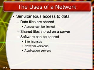 9A-4
The Uses of a Network
• Simultaneous access to data
– Data files are shared
• Access can be limited
– Shared files stored on a server
– Software can be shared
• Site licenses
• Network versions
• Application servers
 