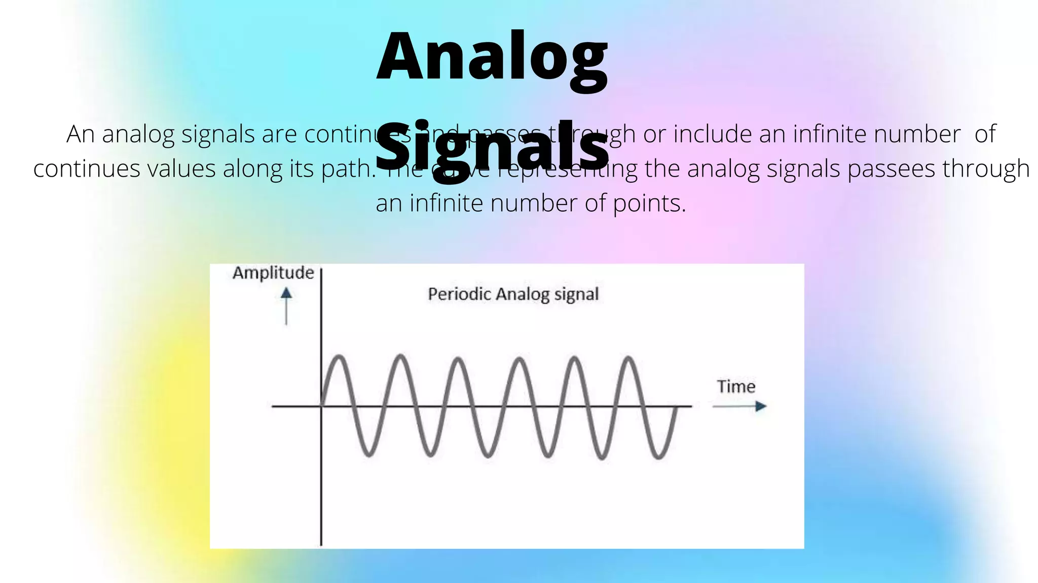 An analog signals are continues and passes through or include an infinite number of
continues values along its path. The curve representing the analog signals passees through
an infinite number of points.
Analog
Signals
 