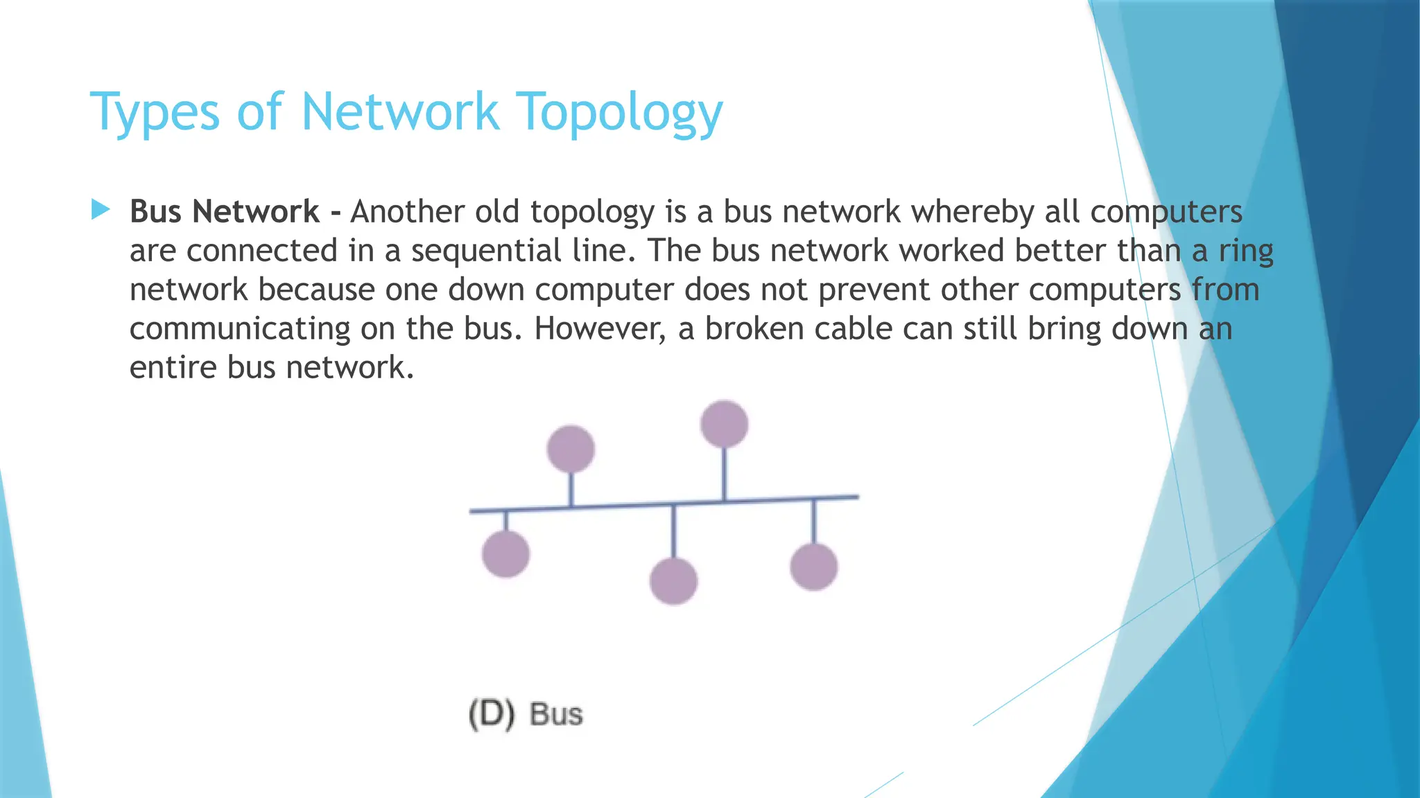 Types of Network Topology
 Bus Network - Another old topology is a bus network whereby all computers
are connected in a sequential line. The bus network worked better than a ring
network because one down computer does not prevent other computers from
communicating on the bus. However, a broken cable can still bring down an
entire bus network.
 