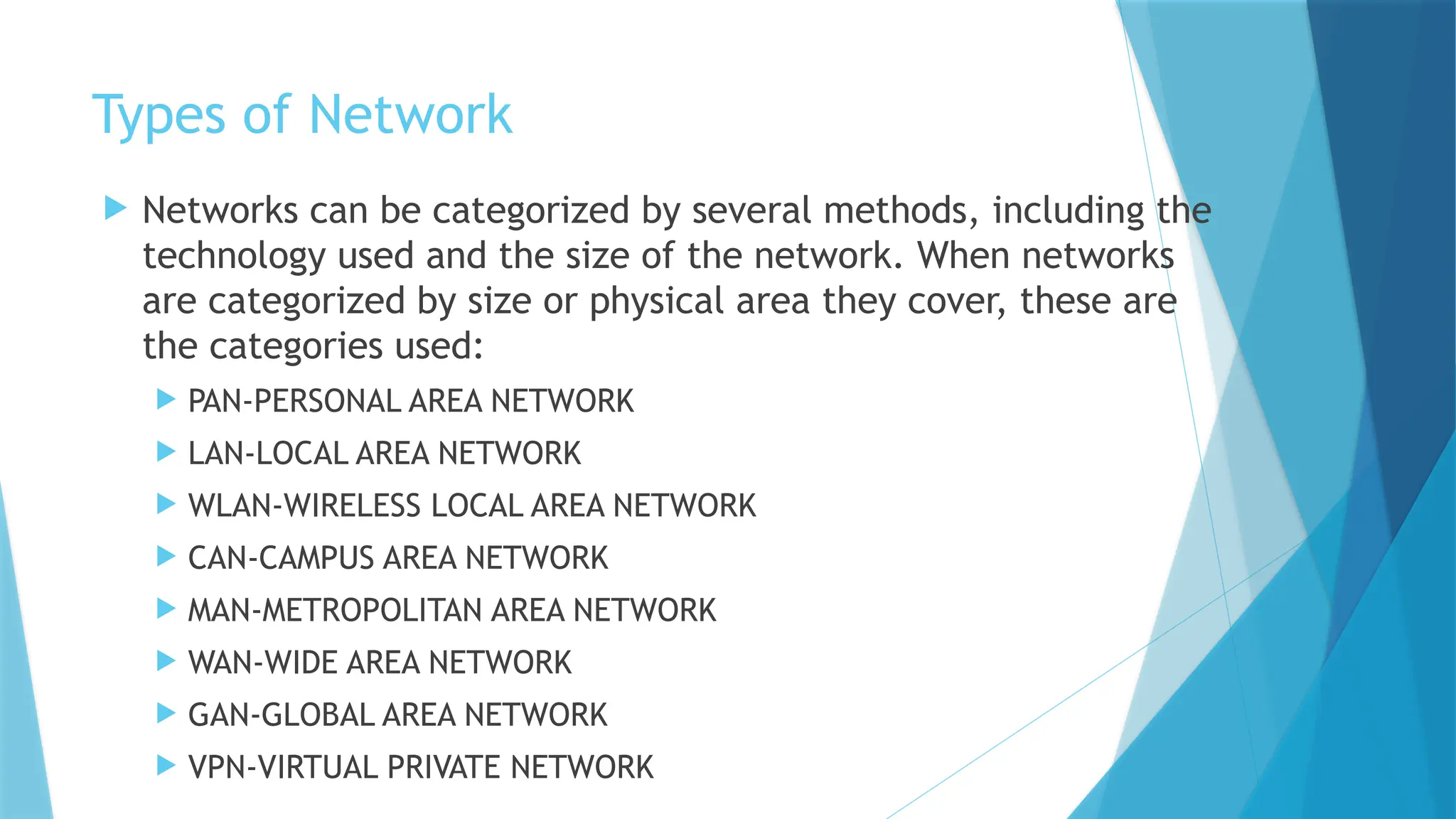 Types of Network
 Networks can be categorized by several methods, including the
technology used and the size of the network. When networks
are categorized by size or physical area they cover, these are
the categories used:
 PAN-PERSONAL AREA NETWORK
 LAN-LOCAL AREA NETWORK
 WLAN-WIRELESS LOCAL AREA NETWORK
 CAN-CAMPUS AREA NETWORK
 MAN-METROPOLITAN AREA NETWORK
 WAN-WIDE AREA NETWORK
 GAN-GLOBAL AREA NETWORK
 VPN-VIRTUAL PRIVATE NETWORK
 