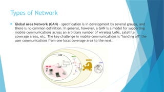 Types of Network
 Global Area Network (GAN) – specification is in development by several groups, and
there is no common definition. In general, however, a GAN is a model for supporting
mobile communications across an arbitrary number of wireless LANs, satellite
coverage areas, etc. The key challenge in mobile communications is "handing off" the
user communications from one local coverage area to the next.
 