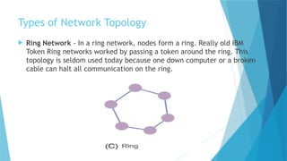 Types of Network Topology
 Ring Network - In a ring network, nodes form a ring. Really old IBM
Token Ring networks worked by passing a token around the ring. This
topology is seldom used today because one down computer or a broken
cable can halt all communication on the ring.
 
