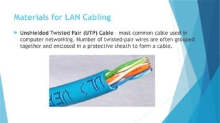 Materials for LAN Cabling
 Unshielded Twisted Pair (UTP) Cable – most common cable used in
computer networking. Number of twisted-pair wires are often grouped
together and enclosed in a protective sheath to form a cable.
 