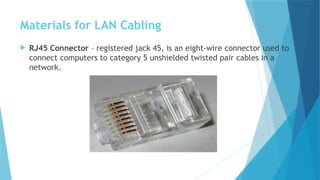 Materials for LAN Cabling
 RJ45 Connector – registered jack 45, is an eight-wire connector used to
connect computers to category 5 unshielded twisted pair cables in a
network.
 