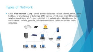 Types of Network
 Local Area Network (LAN) – covers a small local area such as a home, office, other
building, or small group of buildings. LANs can use wired (most likely Ethernet) or
wireless (most likely Wi-Fi, also called 802.11) technologies. A LAN is used for
workstations, servers, printers, and other devices to communicate and share
resources.
 