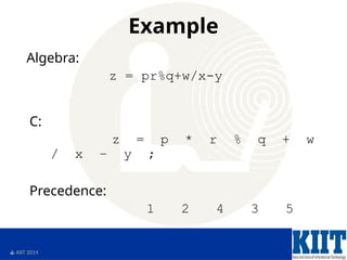  KIIT 2014
Example
Algebra:
z = pr%q+w/x-y
C:
z = p * r % q + w
/ x – y ;
Precedence:
1 2 4 3 5
 