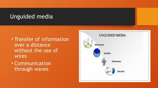 Unguided media
• Transfer of information
over a distance
without the use of
wires
• Communication
through waves
 