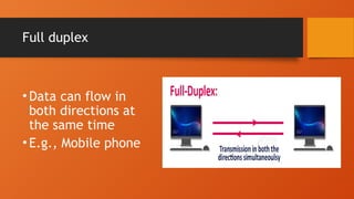 Full duplex
•Data can flow in
both directions at
the same time
•E.g., Mobile phone
 
