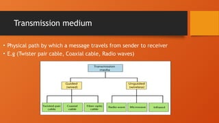 Transmission medium
• Physical path by which a message travels from sender to receiver
• E.g (Twister pair cable, Coaxial cable, Radio waves)
 