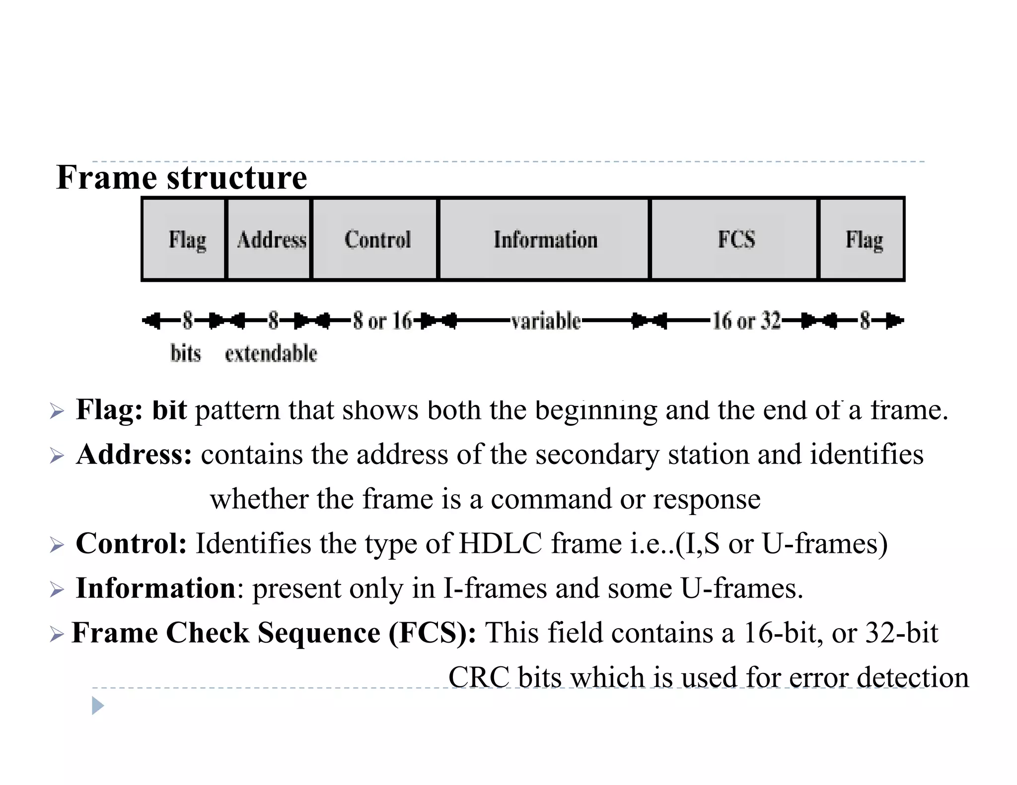 Frame structure
 Flag: bit pattern that shows both the beginning and the end of a frame.
 Address: contains the address of the secondary station and identifies
whether the frame is a command or response
 Control: Identifies the type of HDLC frame i e (I S or U frames) Control: Identifies the type of HDLC frame i.e..(I,S or U-frames)
 Information: present only in I-frames and some U-frames.
 Frame Check Sequence (FCS): This field contains a 16-bit, or 32-bit Frame Check Sequence (FCS): This field contains a 16 bit, or 32 bit
CRC bits which is used for error detection
 