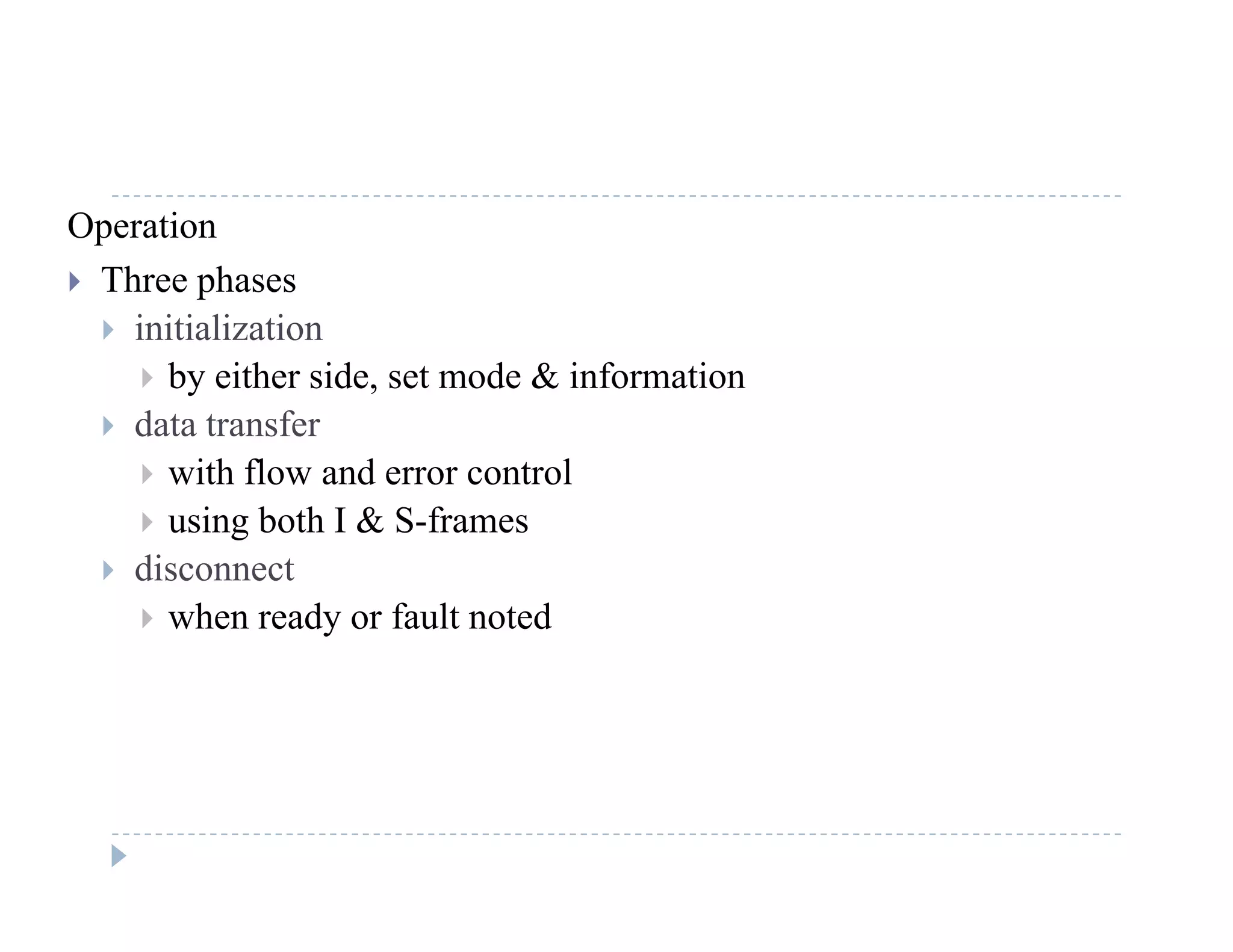Operation
 Three phasesp
 initialization
 by either side, set mode & information
 d t t f data transfer
 with flow and error control
 using both I & S-framesg
 disconnect
 when ready or fault noted
 