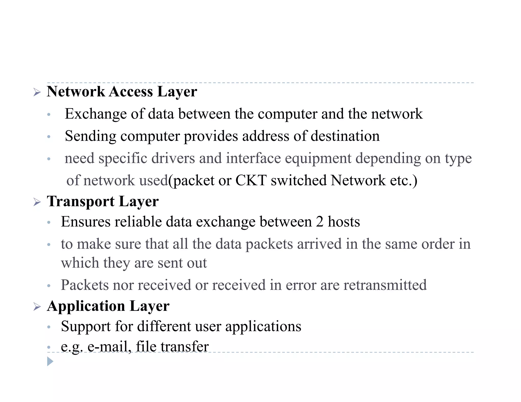  Network Access Layer
• Exchange of data between the computer and the network
• Sending computer provides address of destination
• need specific drivers and interface equipment depending on type
f k d( k CKT i h d N k )of network used(packet or CKT switched Network etc.)
 Transport Layer
• Ensures reliable data exchange between 2 hostsEnsures reliable data exchange between 2 hosts
• to make sure that all the data packets arrived in the same order in
which they are sent out
• Packets nor received or received in error are retransmitted
 Application Layer
• Support for different user applications• Support for different user applications
• e.g. e-mail, file transfer
 