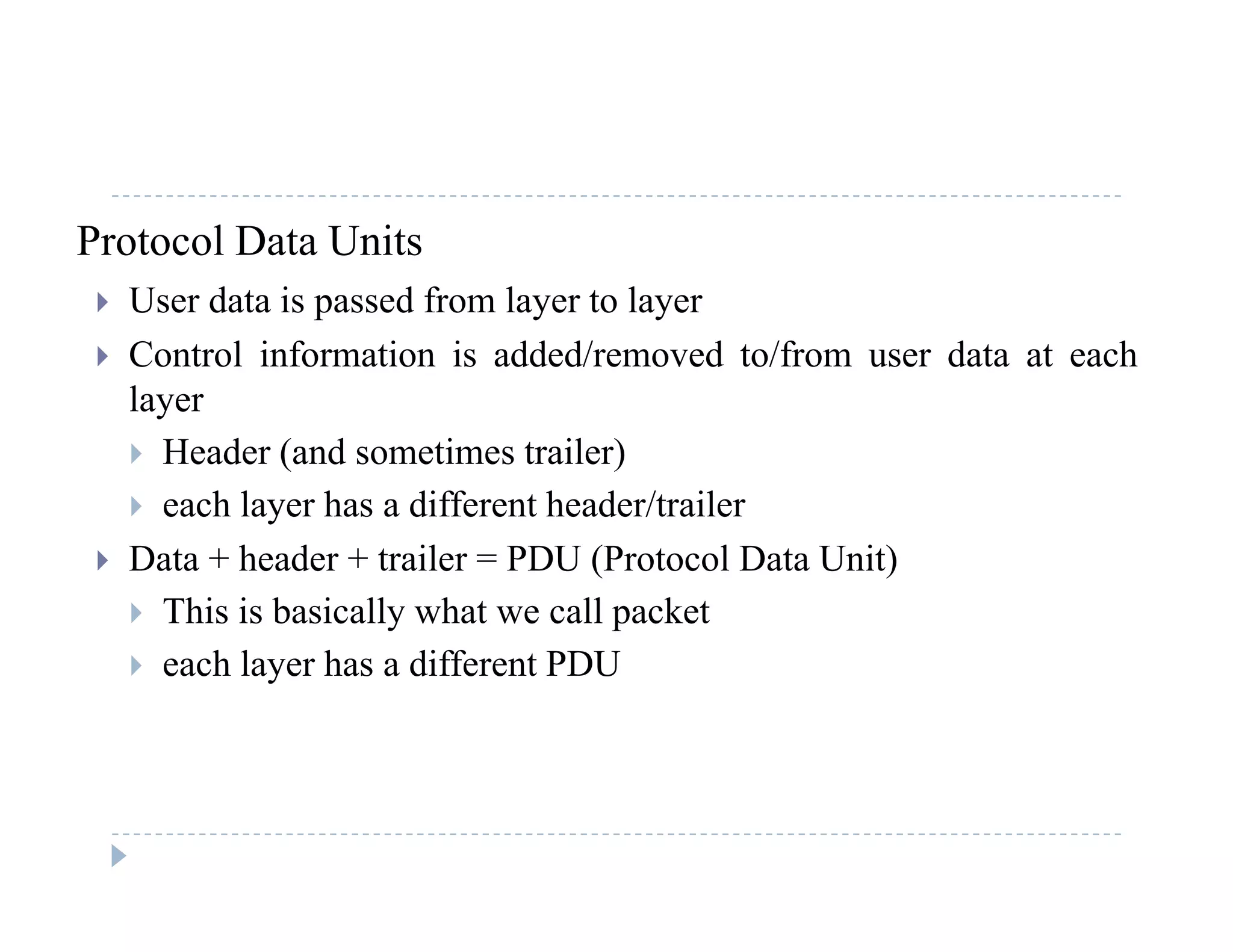 Protocol Data Units
 User data is passed from layer to layer User data is passed from layer to layer
 Control information is added/removed to/from user data at each
layery
 Header (and sometimes trailer)
 each layer has a different header/trailer
 Data + header + trailer = PDU (Protocol Data Unit)
 This is basically what we call packet
 h l h diff t PDU each layer has a different PDU
 