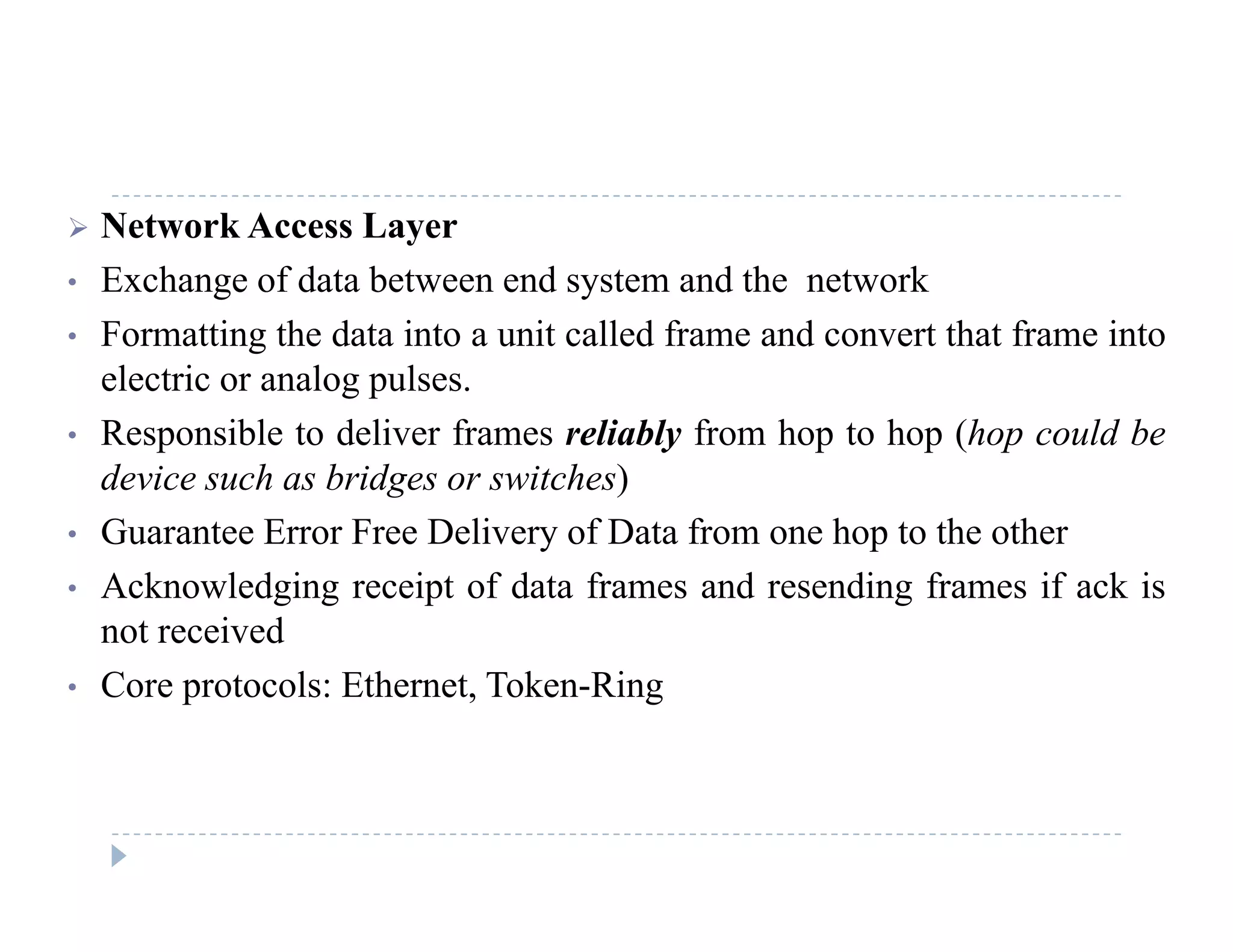  Network Access Layer
• Exchange of data between end system and the networkg y
• Formatting the data into a unit called frame and convert that frame into
electric or analog pulses.
• Responsible to deliver frames reliably from hop to hop (hop could be
device such as bridges or switches)
• Guarantee Error Free Delivery of Data from one hop to the other• Guarantee Error Free Delivery of Data from one hop to the other
• Acknowledging receipt of data frames and resending frames if ack is
not received
• Core protocols: Ethernet, Token-Ring
 