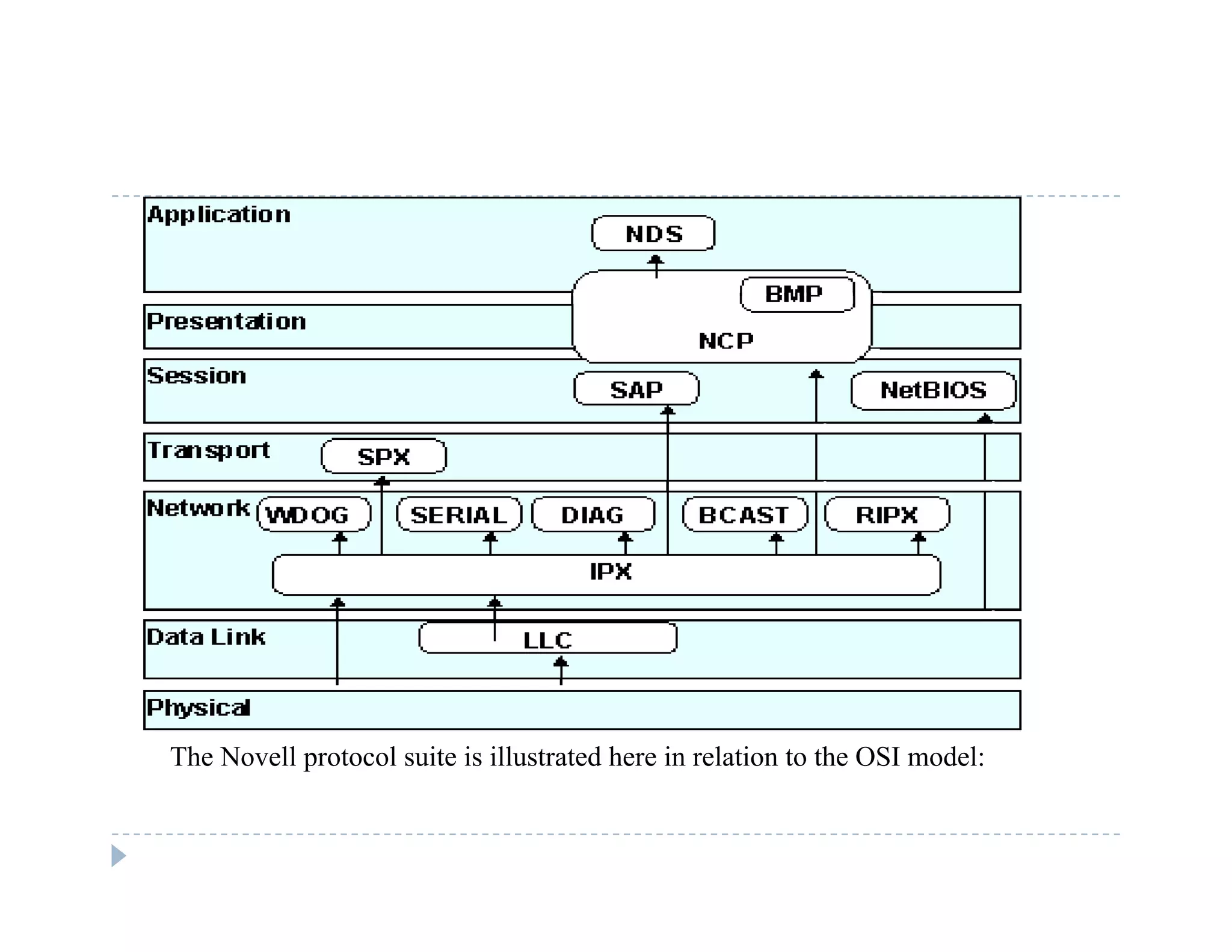The Novell protocol suite is illustrated here in relation to the OSI model:
 