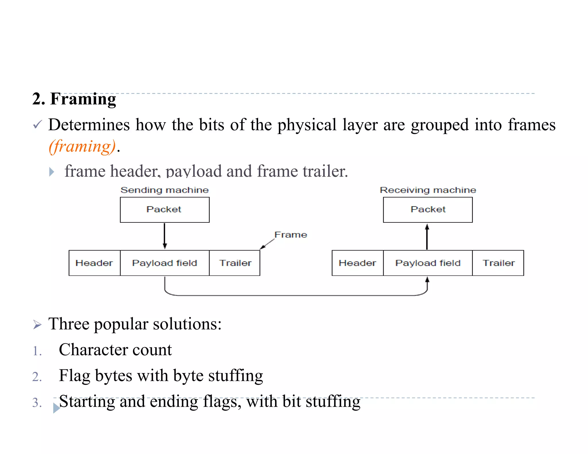 2. Framing
 Determines how the bits of the physical layer are grouped into frames
(f i )(framing).
 frame header, payload and frame trailer.
 Three popular solutions:
1. Character count
Fl b i h b ffi2. Flag bytes with byte stuffing
3. Starting and ending flags, with bit stuffing
 