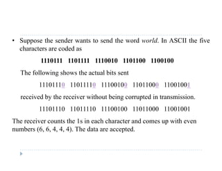 • Suppose the sender wants to send the word world. In ASCII the five
characters are coded as
1110111 1101111 1110010 1101100 1100100
The following shows the actual bits sentThe following shows the actual bits sent
11101110 11011110 11100100 11011000 11001001
received by the receiver without being corrupted in transmissionreceived by the receiver without being corrupted in transmission.
11101110 11011110 11100100 11011000 11001001
The receiver counts the 1s in each character and comes up with even
numbers (6, 6, 4, 4, 4). The data are accepted.
 