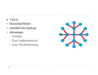  TREE
 Hierarchal Model Hierarchal Model
 extended star topology
 Advantages Advantages
 Scalable
 Easy Implementation
 Easy Troubleshooting
 