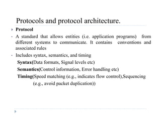 Protocols and protocol architecture.Protocols and protocol architecture.
 Protocol
• A standard that allows entities (i.e. application programs) from( pp p g )
different systems to communicate. It contains conventions and
associated rules
I l d t ti d ti i• Includes syntax, semantics, and timing
Syntax(Data formats, Signal levels etc)
Semantics(Control information Error handling etc)Semantics(Control information, Error handling etc)
Timing(Speed matching (e.g., indicates flow control),Sequencing
(e.g., avoid packet duplication))( g , p p ))
 