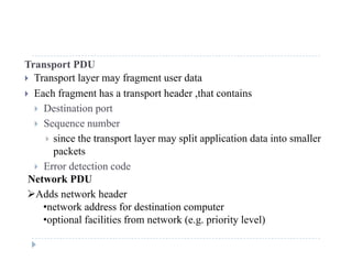 Transport PDU
 Transport layer may fragment user data
 Each fragment has a transport header ,that contains
 Destination port
 Sequence number
 since the transport layer may split application data into smaller
packetspackets
 Error detection code
Network PDU
Adds network header
•network address for destination computer
•optional facilities from network (e g priority level)optional facilities from network (e.g. priority level)
 