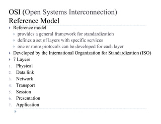 OSI (Open Systems Interconnection)
Reference ModelReference Model
 Reference model
 provides a general framework for standardization
d fi f l i h ifi i defines a set of layers with specific services
 one or more protocols can be developed for each layer
 Developed by the International Organization for Standardization (ISO) Developed by the International Organization for Standardization (ISO)
 7 Layers
1. Physical
2. Data link
3. Network
4 Transport4. Transport
5. Session
6. Presentation
7. Application
 