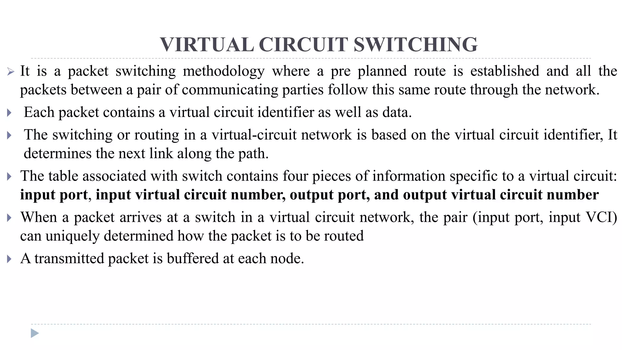 VIRTUAL CIRCUIT SWITCHING 
 It is a packet switching methodology where a pre planned route is established and all the 
packets between a pair of communicating parties follow this same route through the network. 
 Each packet contains a virtual circuit identifier as well as data. 
 The switching or routing in a virtual-circuit network is based on the virtual circuit identifier, It 
determines the next link along the path. 
 The table associated with switch contains four pieces of information specific to a virtual circuit: 
input port, input virtual circuit number, output port, and output virtual circuit number 
 When a packet arrives at a switch in a virtual circuit network, the pair (input port, input VCI) 
can uniquely determined how the packet is to be routed 
 A transmitted packet is buffered at each node. 
 