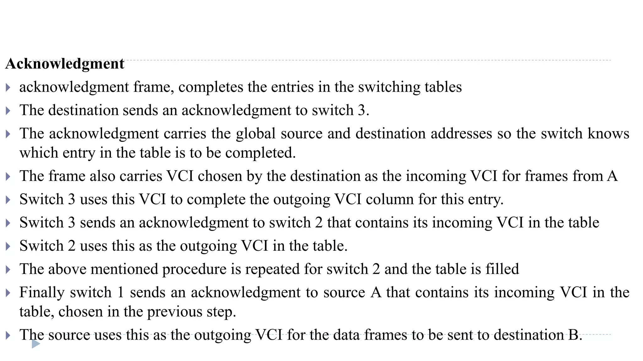 Acknowledgment 
 acknowledgment frame, completes the entries in the switching tables 
 The destination sends an acknowledgment to switch 3. 
 The acknowledgment carries the global source and destination addresses so the switch knows 
which entry in the table is to be completed. 
 The frame also carries VCI chosen by the destination as the incoming VCI for frames from A 
 Switch 3 uses this VCI to complete the outgoing VCI column for this entry. 
 Switch 3 sends an acknowledgment to switch 2 that contains its incoming VCI in the table 
 Switch 2 uses this as the outgoing VCI in the table. 
 The above mentioned procedure is repeated for switch 2 and the table is filled 
 Finally switch 1 sends an acknowledgment to source A that contains its incoming VCI in the 
table, chosen in the previous step. 
 The source uses this as the outgoing VCI for the data frames to be sent to destination B. 
 