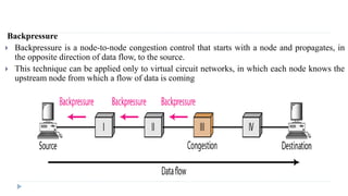Backpressure 
 Backpressure is a node-to-node congestion control that starts with a node and propagates, in 
the opposite direction of data flow, to the source. 
 This technique can be applied only to virtual circuit networks, in which each node knows the 
upstream node from which a flow of data is coming 
 