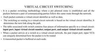 VIRTUAL CIRCUIT SWITCHING 
 It is a packet switching methodology where a pre planned route is established and all the 
packets between a pair of communicating parties follow this same route through the network. 
 Each packet contains a virtual circuit identifier as well as data. 
 The switching or routing in a virtual-circuit network is based on the virtual circuit identifier, It 
determines the next link along the path. 
 The table associated with switch contains four pieces of information specific to a virtual circuit: 
input port, input virtual circuit number, output port, and output virtual circuit number 
 When a packet arrives at a switch in a virtual circuit network, the pair (input port, input VCI) 
can uniquely determined how the packet is to be routed 
 A transmitted packet is buffered at each node. 
 
