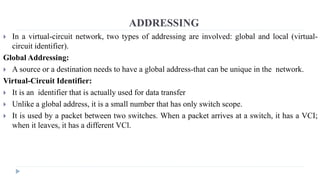ADDRESSING 
 In a virtual-circuit network, two types of addressing are involved: global and local (virtual-circuit 
identifier). 
Global Addressing: 
 A source or a destination needs to have a global address-that can be unique in the network. 
Virtual-Circuit Identifier: 
 It is an identifier that is actually used for data transfer 
 Unlike a global address, it is a small number that has only switch scope. 
 It is used by a packet between two switches. When a packet arrives at a switch, it has a VCI; 
when it leaves, it has a different VCl. 
 