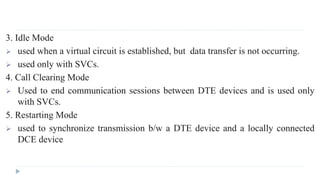 3. Idle Mode 
 used when a virtual circuit is established, but data transfer is not occurring. 
 used only with SVCs. 
4. Call Clearing Mode 
 Used to end communication sessions between DTE devices and is used only 
with SVCs. 
5. Restarting Mode 
 used to synchronize transmission b/w a DTE device and a locally connected 
DCE device 
 