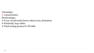 Advantages 
 connectionless 
Disadvantages 
 Every switch/router knows about every destination 
 Potentially huge tables 
 Need routing protocol to fill table 
 