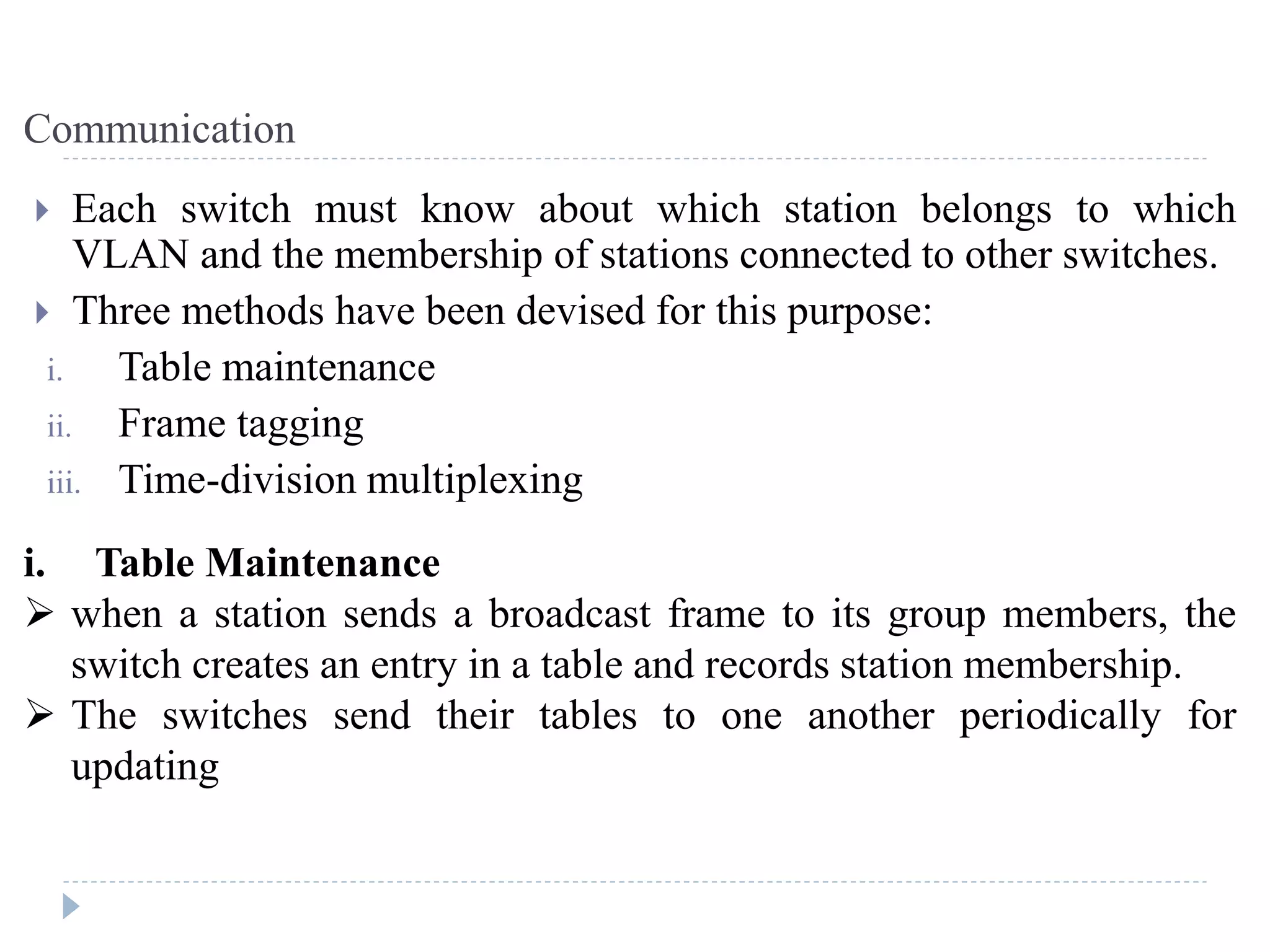  Each switch must know about which station belongs to which
VLAN and the membership of stations connected to other switches.
 Three methods have been devised for this purpose:
i. Table maintenance
ii. Frame tagging
iii. Time-division multiplexing
Communication
i. Table Maintenance
 when a station sends a broadcast frame to its group members, the
switch creates an entry in a table and records station membership.
 The switches send their tables to one another periodically for
updating
 