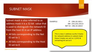 SUBNET MASK
Subnet mask is also referred to as
address mask it is a 32-bit value that
is used to distinguish the network ID
from the host ID in an IP address
 All bits corresponding to the Net
ID set to 1
 All bits corresponding to the Host
ID set to 0
110
CREATED BY RIDA ZAMAN
 