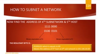 HOW TO SUBNET A NETWORK
NOW FIND THE ADDRESS OF 4TH SUBNETWORK & 5TH HOST
1111 0000
0100 0101
114
CREATED BY RIDA ZAMAN
Binary equivalent of 4 Binary equivalent of 5
THE RESULTANT BYTE IS :
01000101 which is equals to 69
Means the address of 5th host on 4th sub network is:192.100.20.69
 