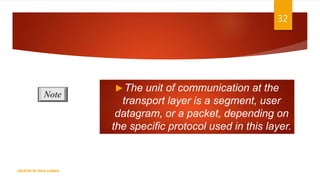 32
 The unit of communication at the
transport layer is a segment, user
datagram, or a packet, depending on
the specific protocol used in this layer.
Note
CREATED BY RIDA ZAMAN
 