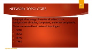 NETWORK TOPOLOGIES
51
The physical topology of a network refers to the
configuration of cables, computers, and other peripherals.
There are several basic network topologies:
1. STAR
2. BUSS
3. RING
4. TREE
CREATED BY RIDA ZAMAN
 