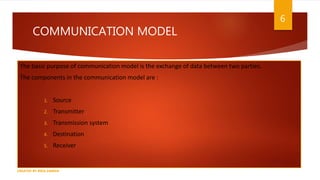 COMMUNICATION MODEL
The basic purpose of communication model is the exchange of data between two parties.
The components in the communication model are :
1. Source
2. Transmitter
3. Transmission system
4. Destination
5. Receiver
6
CREATED BY RIDA ZAMAN
 