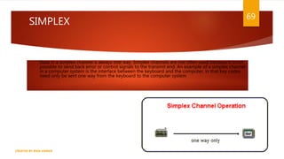 SIMPLEX
Data in a simplex channel is always one way. Simplex channels are not often used because it is not
possible to send back error or control signals to the transmit end. An example of a simplex channel
in a computer system is the interface between the keyboard and the computer, in that key codes
need only be sent one way from the keyboard to the computer system
69
CREATED BY RIDA ZAMAN
 