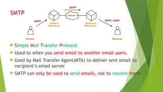 SMTP
 Simple Mail Transfer Protocol
 Used to when you send email to another email users.
 Used by Mail Transfer Agent(MTA) to deliver sent email to
recipient’s email server
 SMTP can only be used to send emails, not to receive them
 