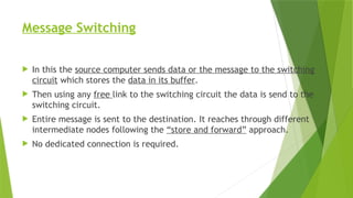 Message Switching
 In this the source computer sends data or the message to the switching
circuit which stores the data in its buffer.
 Then using any free link to the switching circuit the data is send to the
switching circuit.
 Entire message is sent to the destination. It reaches through different
intermediate nodes following the “store and forward” approach.
 No dedicated connection is required.
 