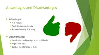 Advantages and Disadvantages
 Advantages:
 It is robust
 Fault is diagnosed easly
 Provide Security & Privacy
 Disadvantages:
 Installation and configuration is difficult
 High cable cost
 Cost of maintenance is high
 