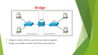 Bridge
 Bridge is a device that lets you link two networks together.
 Bridges can handle networks that follow same protocols
 