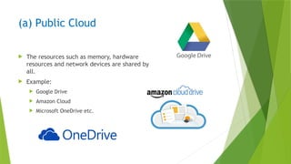 (a) Public Cloud
 The resources such as memory, hardware
resources and network devices are shared by
all.
 Example:
 Google Drive
 Amazon Cloud
 Microsoft OneDrive etc.
 