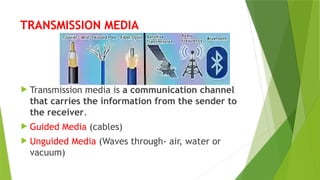 TRANSMISSION MEDIA
 Transmission media is a communication channel
that carries the information from the sender to
the receiver.
 Guided Media (cables)
 Unguided Media (Waves through- air, water or
vacuum)
 