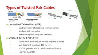 Types of Twisted Pair Cables
(a)Unshielded Twisted Pair (UTP)
 Used for variety of electronic communications
 Available in 8 categories
 Maximum segment length of 100meters
(b)Shielded Twisted Pair (STP)
 comes with shielding of individual pairs of wires
 Max Segment length of 100 meters
 it offer greater protection from interference
 Heavier than UTP
 