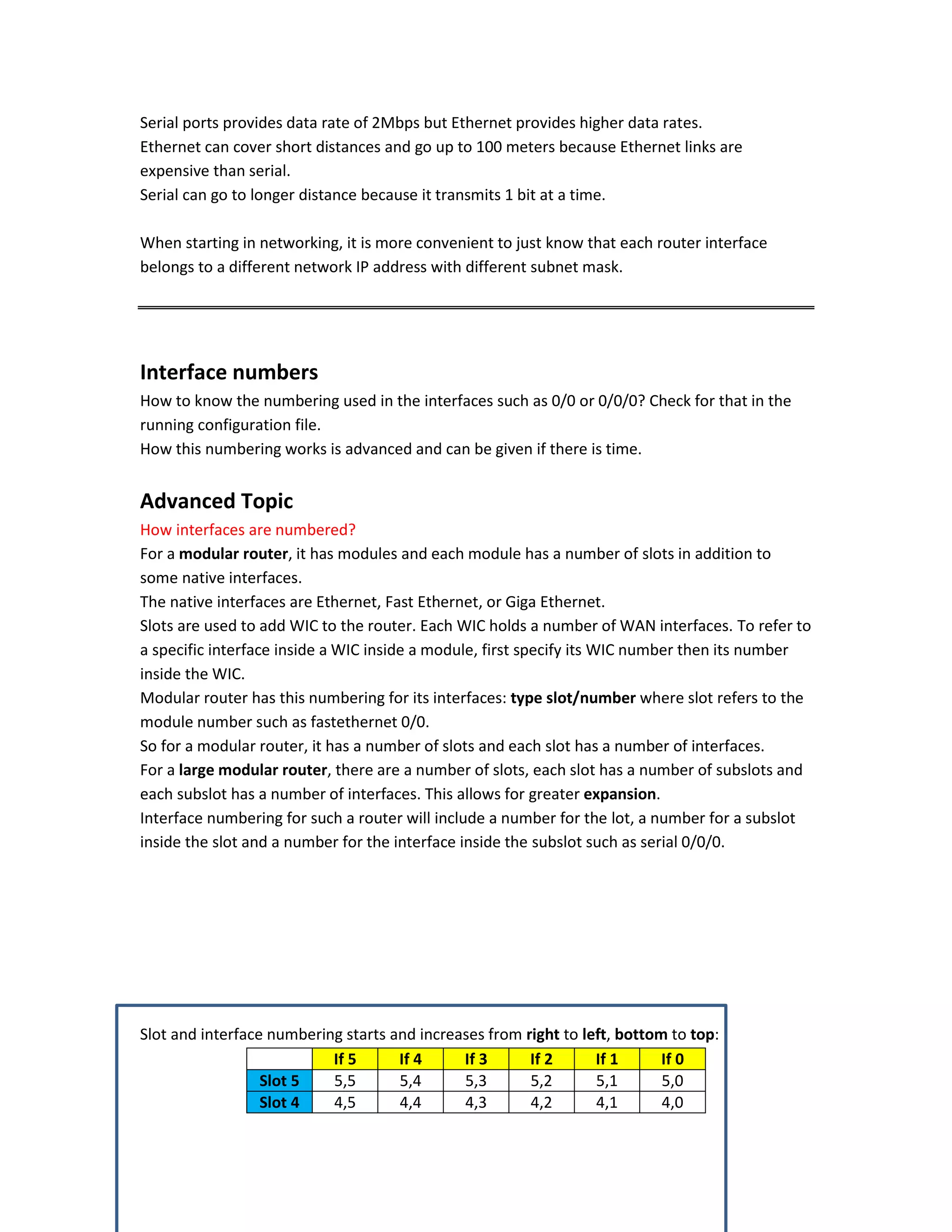 Serial ports provides data rate of 2Mbps but Ethernet provides higher data rates.
Ethernet can cover short distances and go up to 100 meters because Ethernet links are
expensive than serial.
Serial can go to longer distance because it transmits 1 bit at a time.
When starting in networking, it is more convenient to just know that each router interface
belongs to a different network IP address with different subnet mask.
Interface numbers
How to know the numbering used in the interfaces such as 0/0 or 0/0/0? Check for that in the
running configuration file.
How this numbering works is advanced and can be given if there is time.
Advanced Topic
How interfaces are numbered?
For a modular router, it has modules and each module has a number of slots in addition to
some native interfaces.
The native interfaces are Ethernet, Fast Ethernet, or Giga Ethernet.
Slots are used to add WIC to the router. Each WIC holds a number of WAN interfaces. To refer to
a specific interface inside a WIC inside a module, first specify its WIC number then its number
inside the WIC.
Modular router has this numbering for its interfaces: type slot/number where slot refers to the
module number such as fastethernet 0/0.
So for a modular router, it has a number of slots and each slot has a number of interfaces.
For a large modular router, there are a number of slots, each slot has a number of subslots and
each subslot has a number of interfaces. This allows for greater expansion.
Interface numbering for such a router will include a number for the lot, a number for a subslot
inside the slot and a number for the interface inside the subslot such as serial 0/0/0.
Slot and interface numbering starts and increases from right to left, bottom to top:
If 5 If 4 If 3 If 2 If 1 If 0
Slot 5 5,5 5,4 5,3 5,2 5,1 5,0
Slot 4 4,5 4,4 4,3 4,2 4,1 4,0
 
