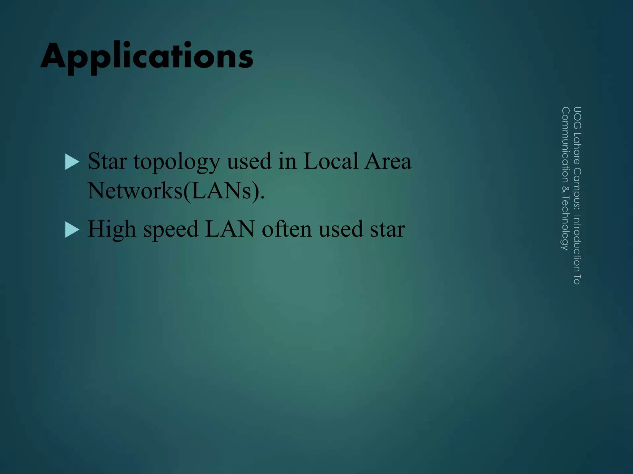 Applications
 Star topology used in Local Area
Networks(LANs).
 High speed LAN often used star
 